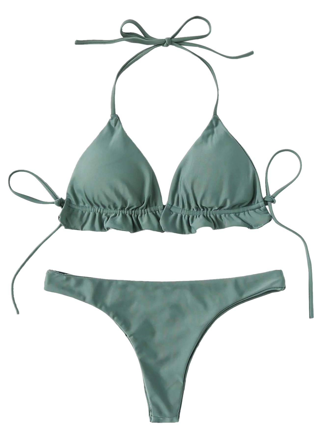 Women's Solid Color Bathing Suits Halter Triangle Bikini Top Thong Swimsuits