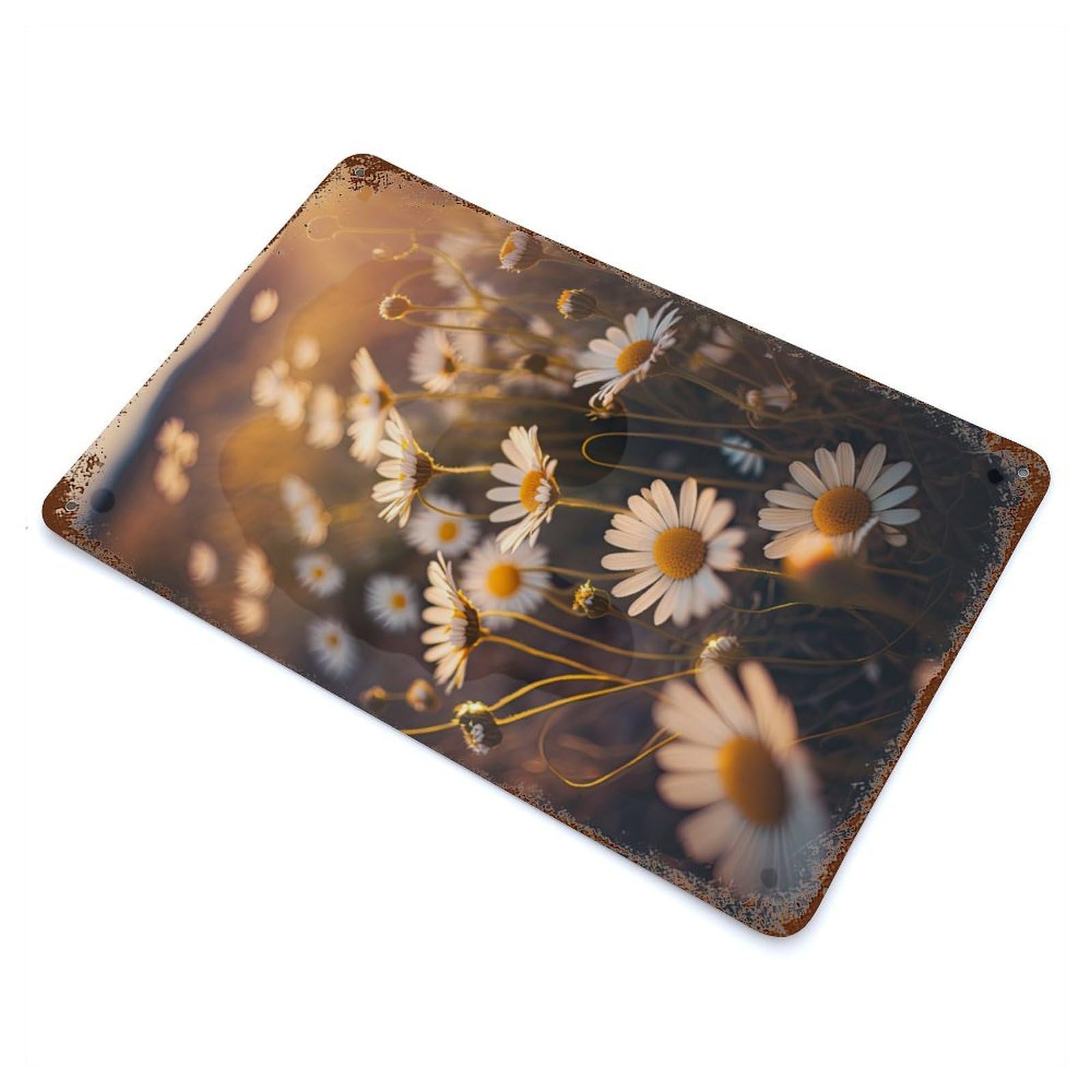 Weathered Tin Sign with Daisy Field Design 11.8"x7.9", for Basement, Hobby Room And Garage Decor, Industrial Home Decor