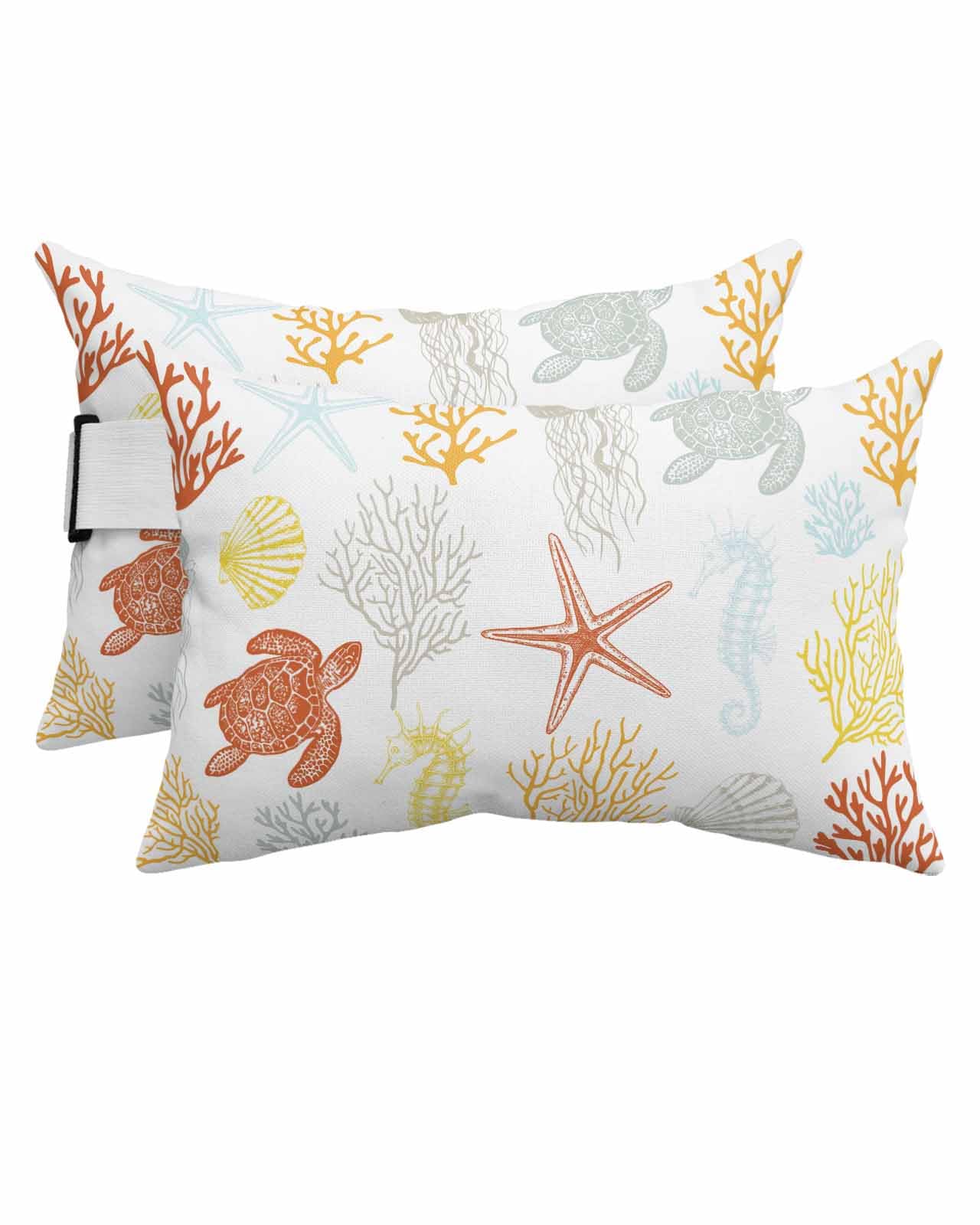 Outdoor Pillows Covers with Inserts Summer Ocean Creature Sea Turtle Coral and Shell Yellow Waterproof Pillow with Adjustable Strap Throw Pillows for Patio Furniture Lounge Chair, 12x20 Inch, 2PCS