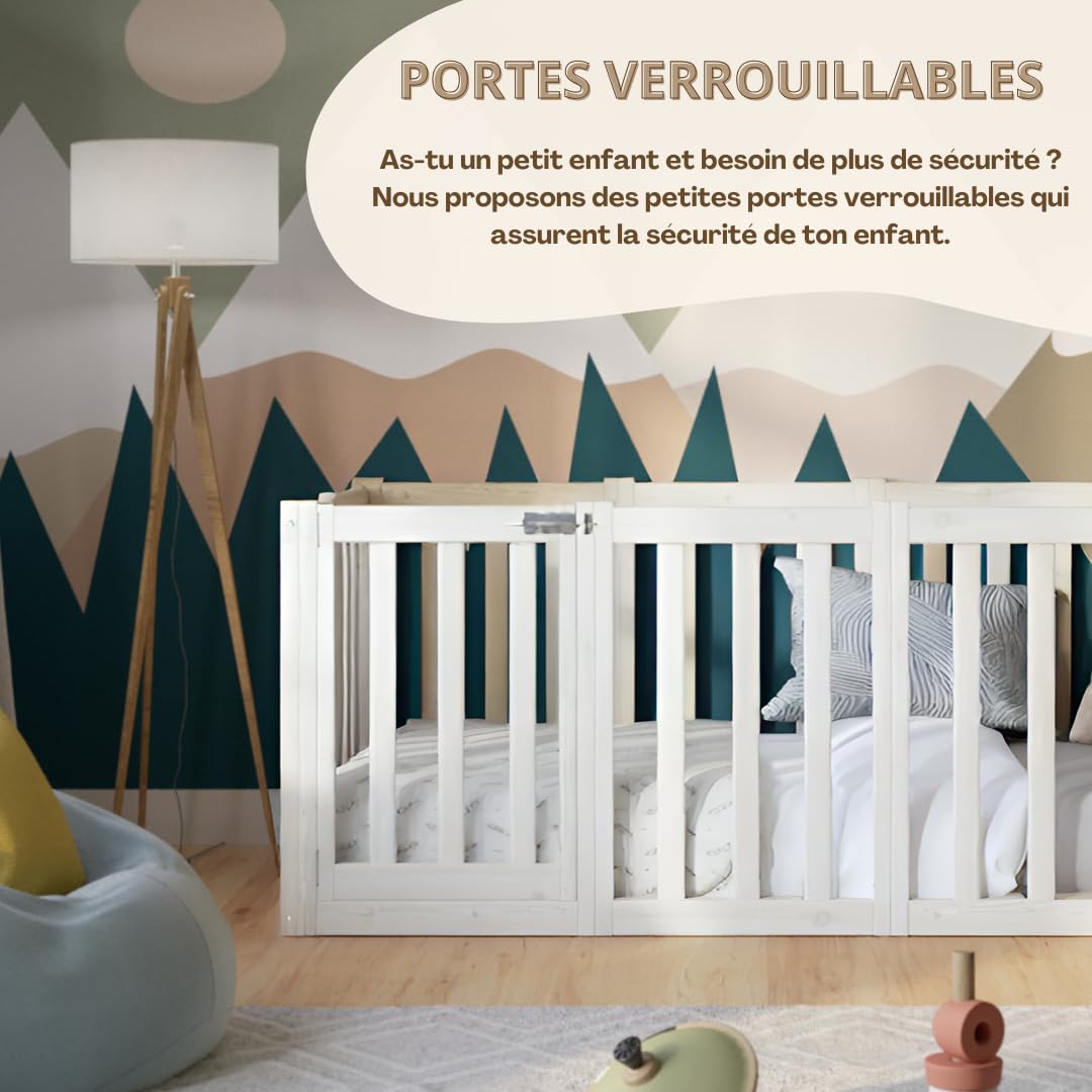 Lit Enfant 180x140 cm – Lit Montessori au Sol avec Haute Barrière 73cm et Barrière Amovible - Bois Blanc avec Surface Lisse - Parfait pour Garçons et Filles Crazy Johnny