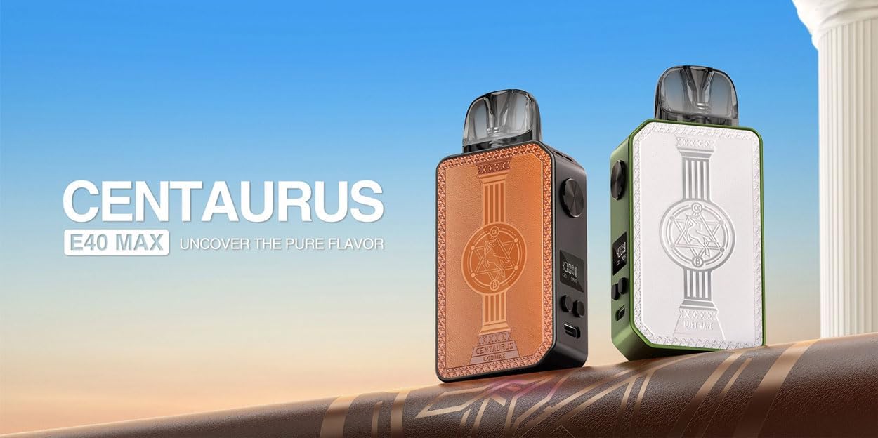 Two Lost Vape Centaurus E40 Max devices, one brown and one green, on a classical background.