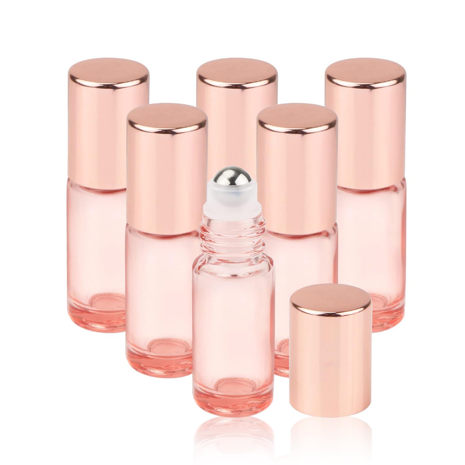 1/6 Oz Pink Glass Roller bottles - 6 Pack 5ml Roll On Bottles with Rose Gold Lids - Roller Ball bottles for Essential Oils, Perfume, Cosmetic Liquid