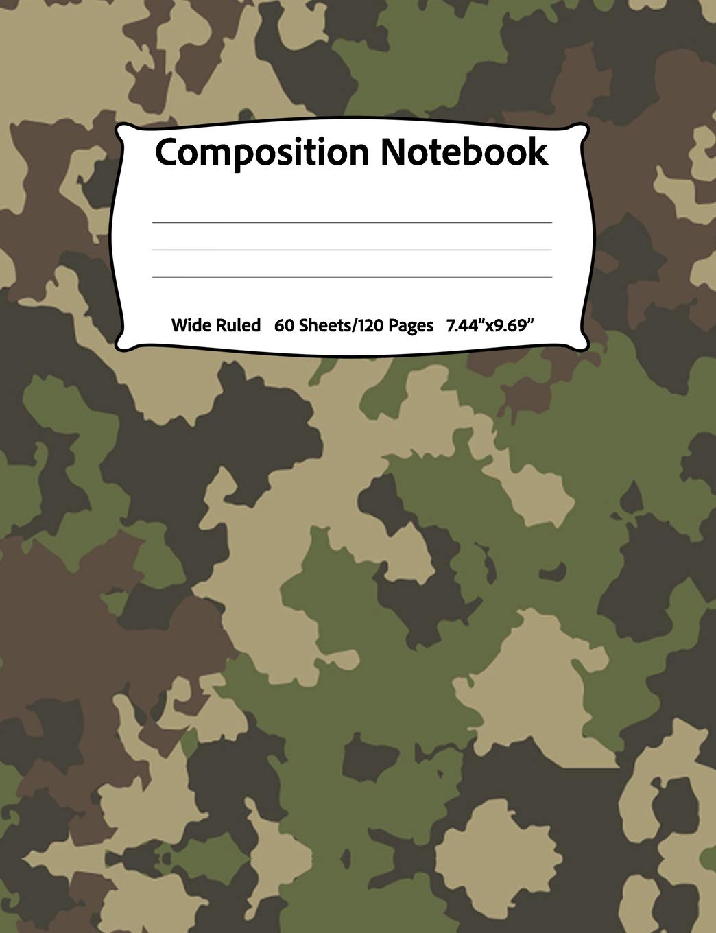 Composition Notebook: Wide Ruled, 60 Sheets/120 Pages, 7.44" x 9.69 Green Military Camouflage