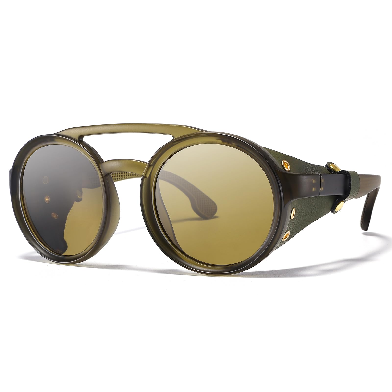 Retro Aviator Steampunk Polarized Sunglasses with Leather Side Shield Vintage Goggles Gothic Eyewear for Men Women