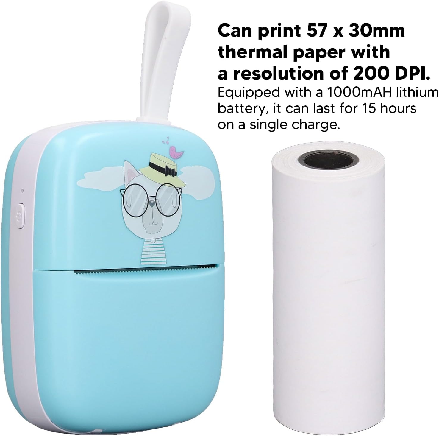 Luqeeg Thermal Printer and thermal paper roll, highlighting 200 DPI resolution