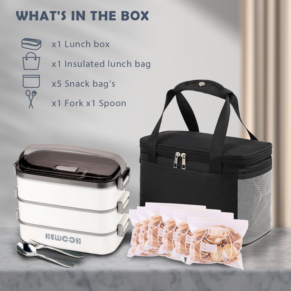 Grande borsa per il pranzo per adulti (2 kg di capacità riutilizzabile, con borsa per il pranzo, forchetta e cucchiaio, 3 divisori, adatta per lavastoviglie e microonde (bianco)