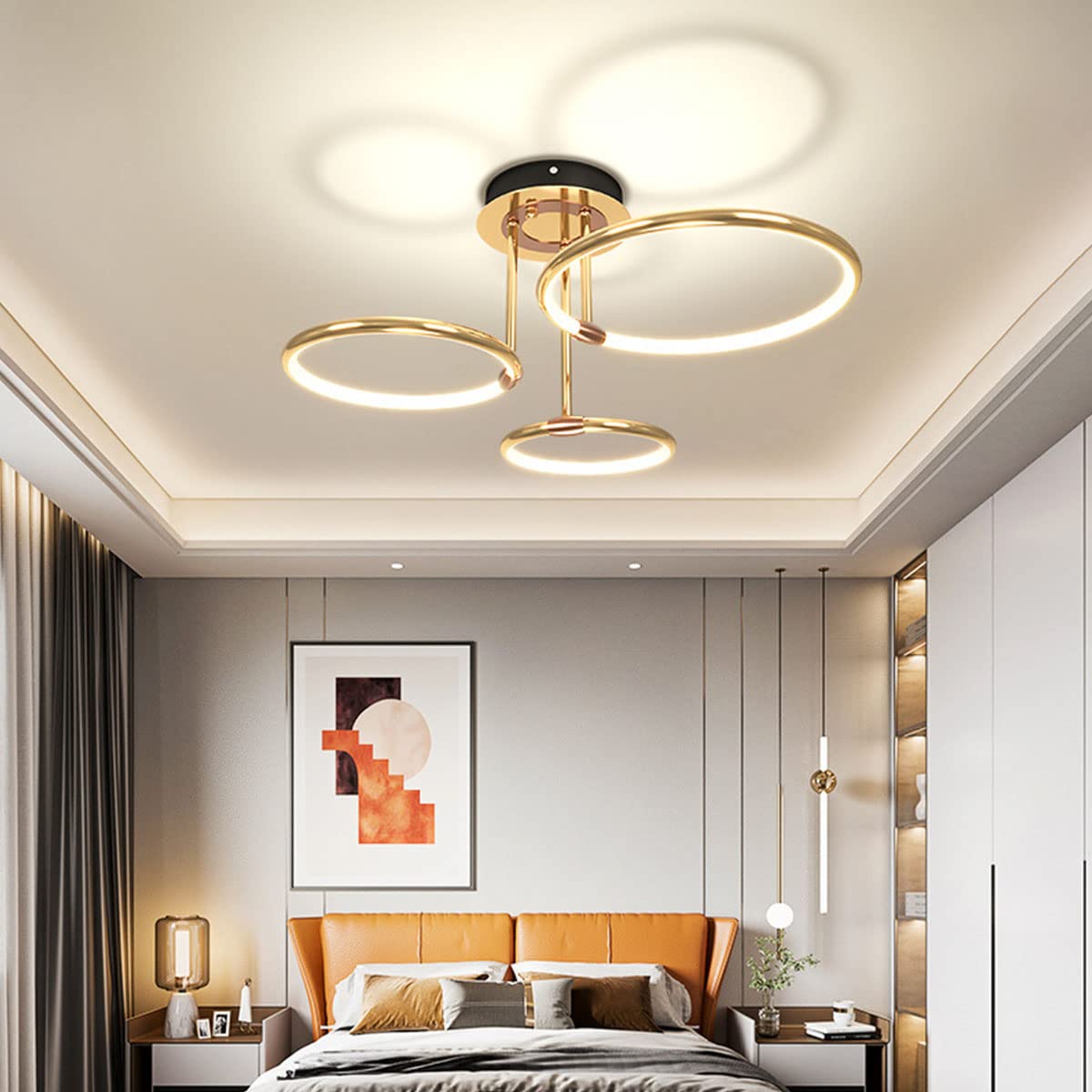 Bellastein LED Ceiling Light Creative Gold Ringshape Design Living Room Ceiling Lamp Dimmable with Remote Control Bedroom Lamp for Study Room, Living Room, Bedroom, Dining Room Lighting (3 Rings)