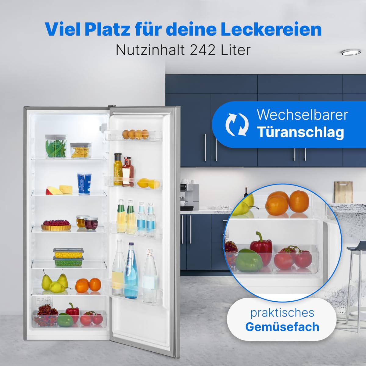 Bomann® Kühlschrank ohne Gefrierfach | Energieklasse D | 143cm | 5 Ablagen | 0°C ~ +8°C | leise 39dB | Getränkekühlschrank | 242L Flaschenkühlschrank | Kühlschrank groß | VS 7363 inox