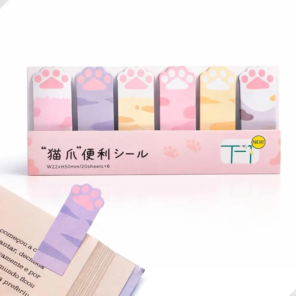 Kit 6 Marca Página Patinha de Gato Colorido | Marcador Fofo para Livro, Caderno e Planner | Papelaria Fofa Divertida Criativa Escolar
