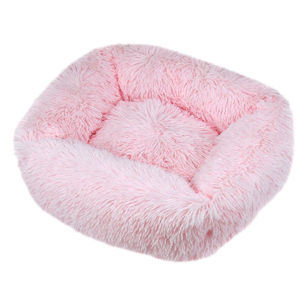 Hiseng Soft Fluffy Dog Bed, Simple Solid Color Self-Warming Cat Bed Washable Square Dog Beds Medium, Plush Anti-Slip Bottom Donut Cat Beds for Indoor Cats (M 66x55cm,Light Pink)