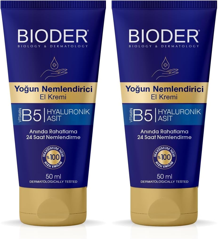 Bioder Yoğun Nemlendirici El Bakım Kremi 50 ml – Hyalüronik Asit ve B5 Vitamini İçerikli, Hızlı Emilen Nemlendirici (2 paketi)