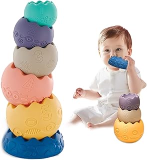 Baby Soft Blocks Sensory Balls for Infants - Soft Stacking Building Blocks -Stacking Balls Soft Toys for Babies Natural Wooden Teether Rings Animal Teeth