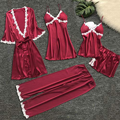 Pyjama 5-Teiliges Schlafanzüge Nachthemd Set Für Damen Satin - Satin Pyjama Damen Kurz Set Schwarz - Babydoll Sexy Spitze Kurz Satin Pyjama Set Mit Mantel Satin Nachtkleid Mit Morgenmantel
