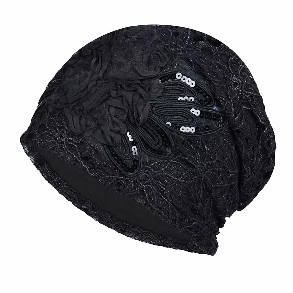 Plancholo Women's Black Chemo Turban Flower Beanie Cap Lace Pleated Hair Loss Hat Cancer Headwear For