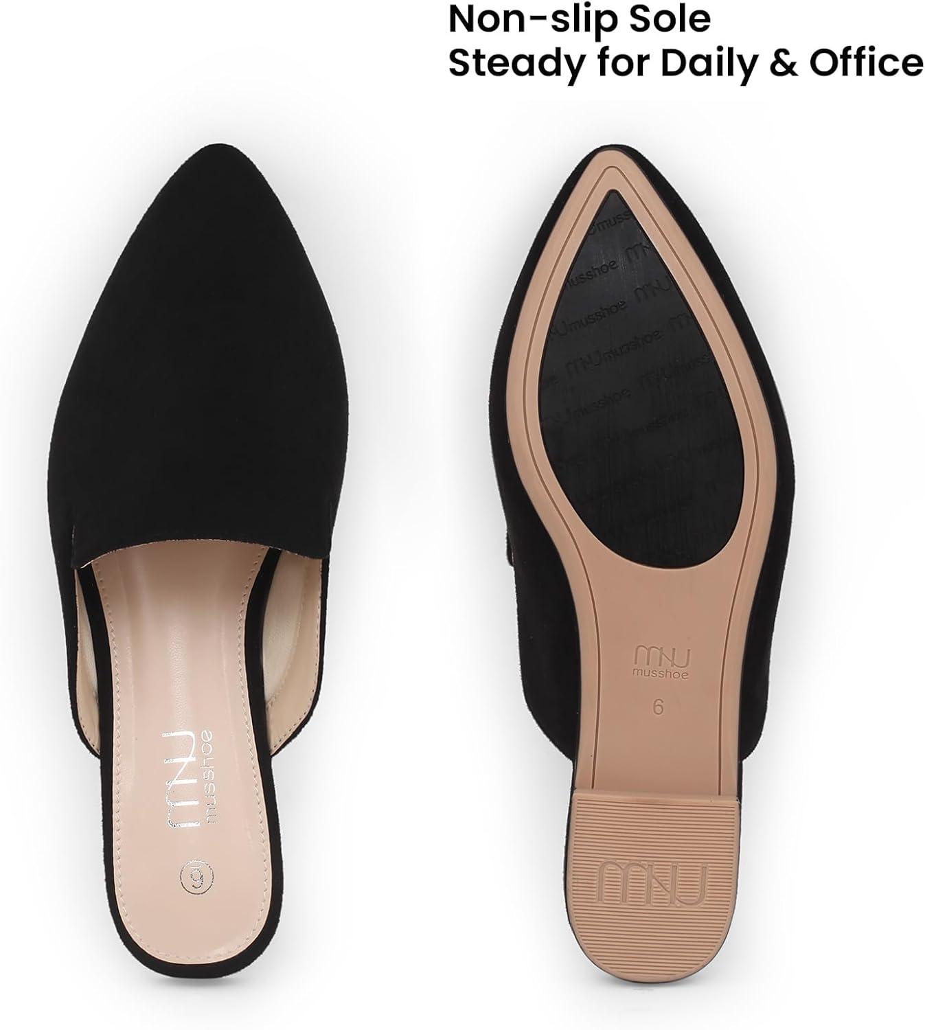 MUSSHOE Women’s Pointed Toe Mule Flats: Comfortable Lightweight Slip On Backless Loafers with Memory Foam for Office Work & Dressy Casual Wear