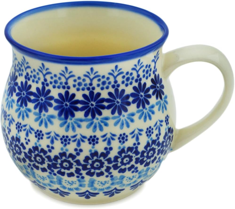 Polmedia Polish Pottery Bubble Mug 19 oz - Blue Magnificence Pattern Handmade in Boleslawiec Poland + Certificate of Authenticity