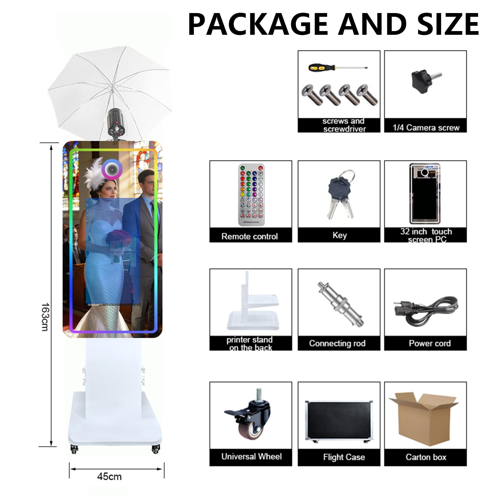 Cabina de fotos con espejo mágico con pantalla táctil y paraguas de luz suave con luz RGB, impresión de ideas y compartir para eventos de alquiler de fiestas (blanco, máquina de cabina de foto)