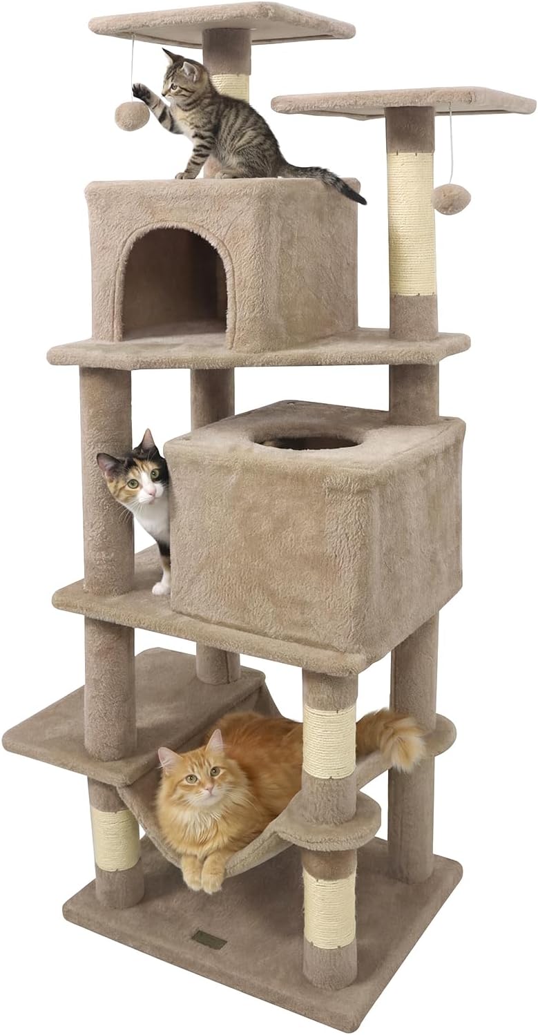 DORTALA 57" Tall Cat Tree, Multi-Level Cat Tower with 2 Large Condos, Sisal Scratching Posts, Top Perch, Hammock, Pet Play House Climbing Furniture for Indoor Adult Cats & Kittens (Coffee)