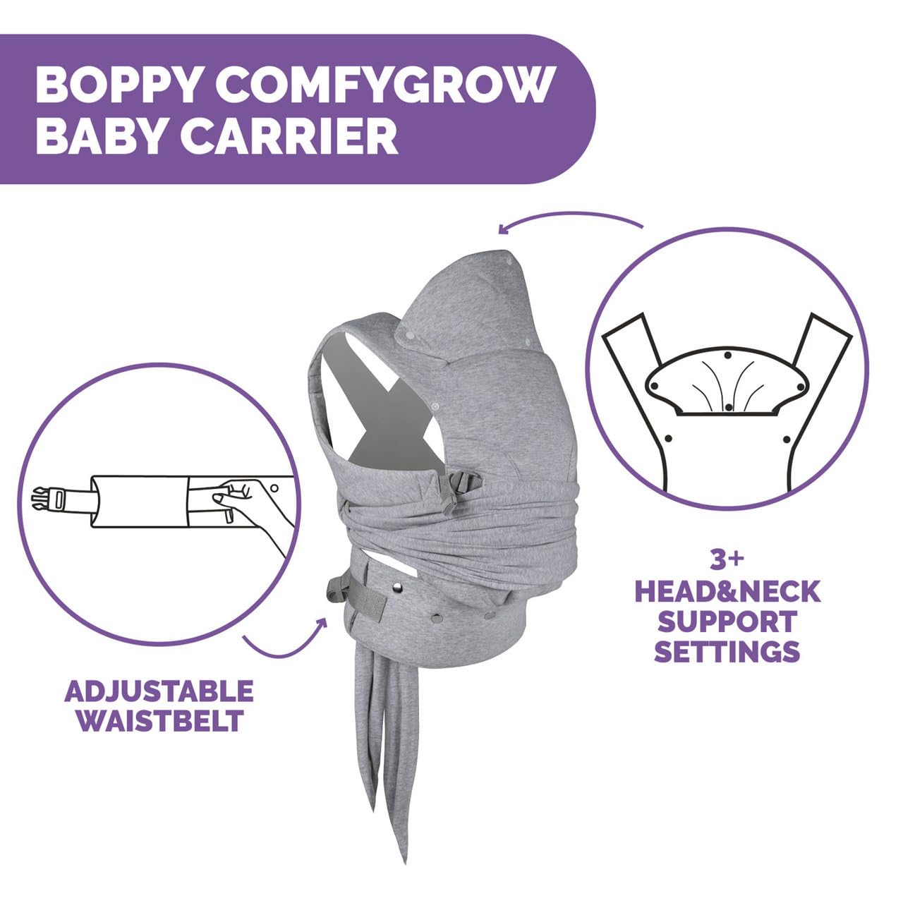 Boppy Comfygrow Porte-bébé pour nouveau-né facile à utiliser, réglable, ergonomique, avec support pour la tête et le cou, manches et siège réglables, en coton, pour 3 à 15 kg, à partir de 0 m +