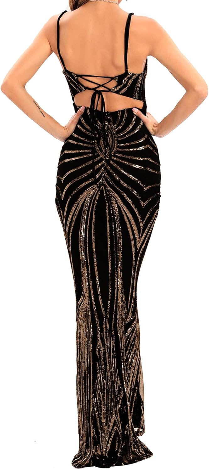 Sequin Dresses Womens Sparkly Glitter 1920S Maxi Bodycon Dress Fishtail Concert Disco Outfit Evening Party Ball Gown