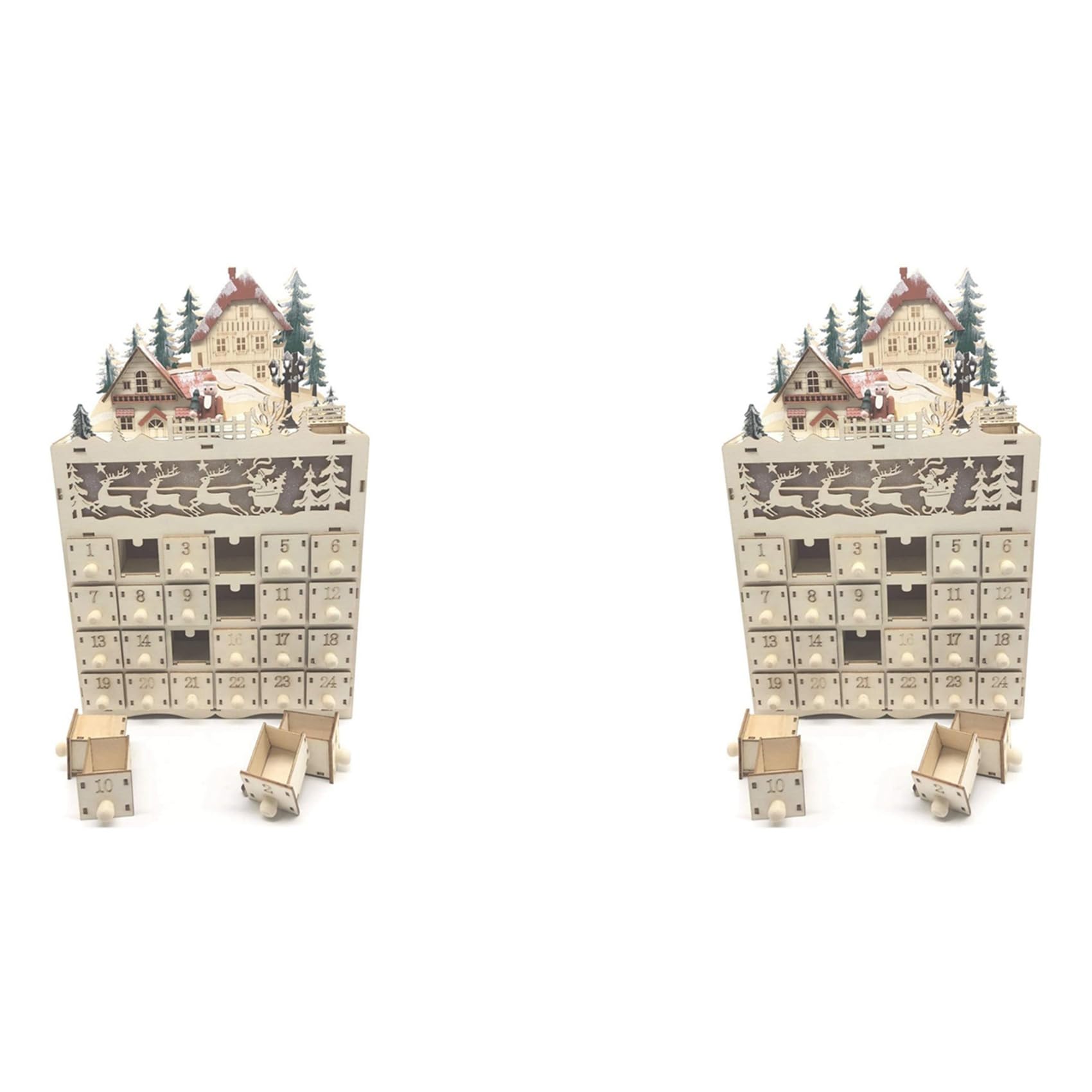 Daconovo 2X Calendario de Adviento de Navidad de Madera Cuenta Regresiva para Navidad Decoración Navideña LED 24 Cajones con Luz LED