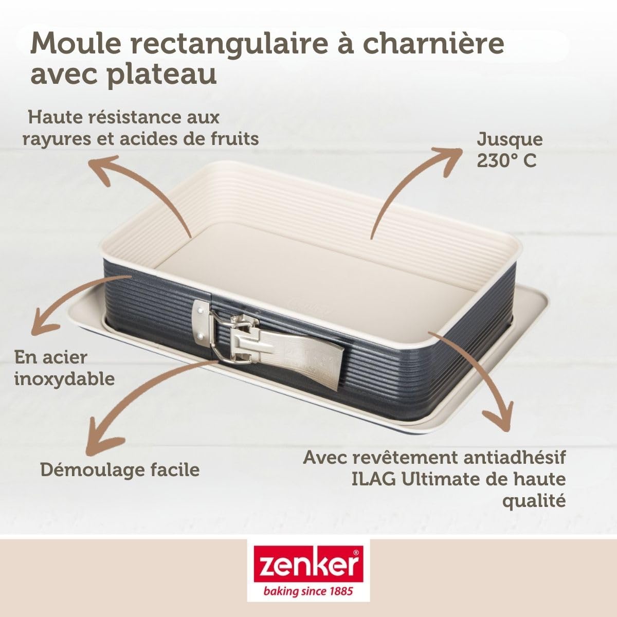 Zenker 7821 Moule à gâteaux rectangulaire à charnière, moule rectangle, plat à four, plat à gratin, moule à gâteaux avec plateau, revêtement antiadhésif ILAG Ultimate, 28 x 18 x 7 cm