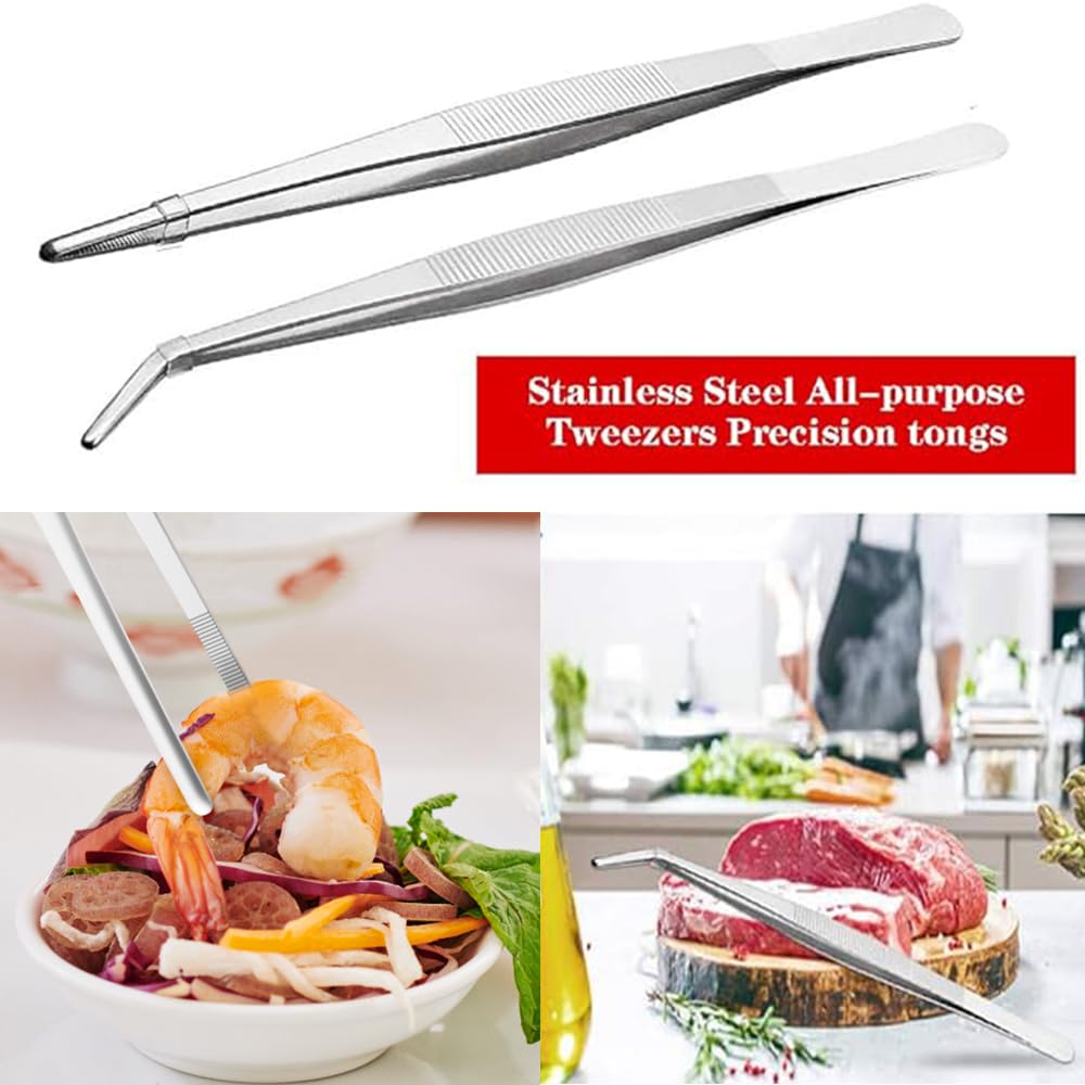 Pinzas de cocina de acero inoxidable de 8 pulgadas de largo, pinzas grandes resistentes para alimentos con puntas dentadas de precisión para cocinar (8 pulgadas rectas + curvas)
