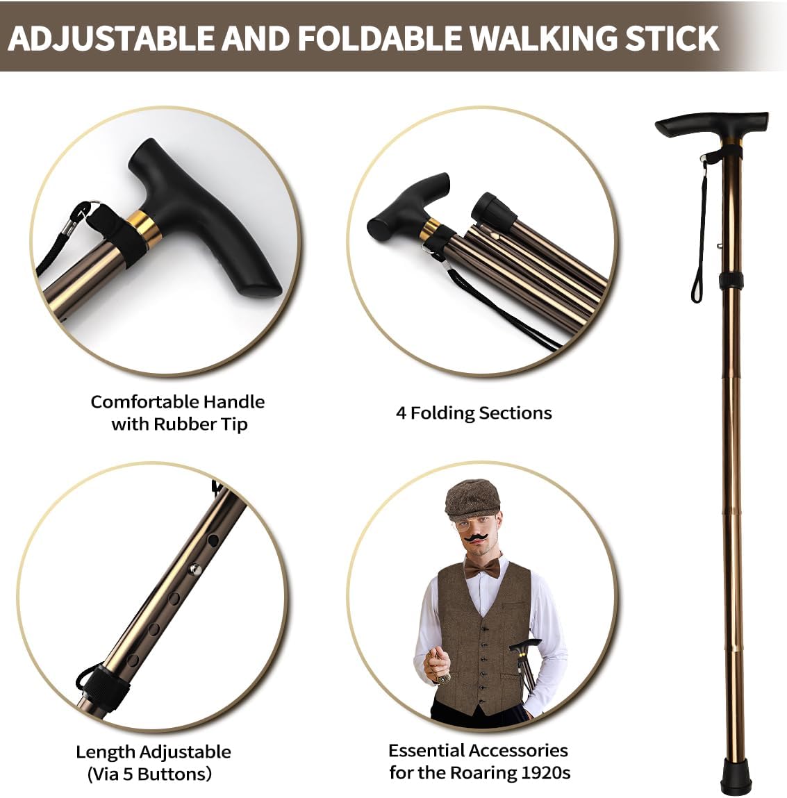 1920s Mens Costume, Roaring 20s Costumes Accessories Set Vest Foldable Crutches Fedora Hat Pocket Watch Tie - Image 5