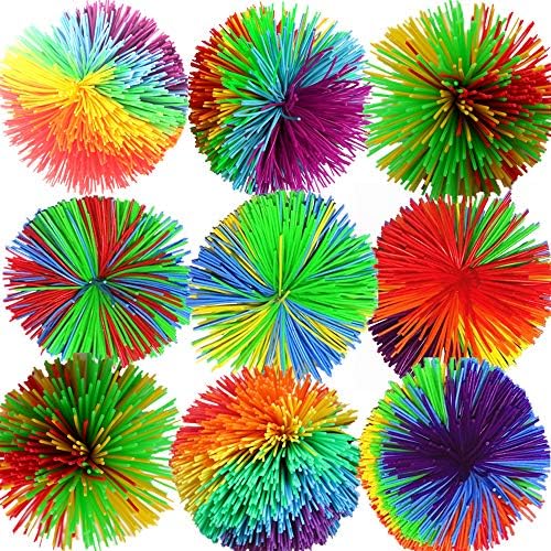HYMONA pack of 9PCS Monkey Stringy Balls, size of 7cm stringy Play Ball, Sensory Fidget Toys, Stress Balls with Rainbow Pom Ball, Colorful Bouncy Ball / Stress / Sensory Toy