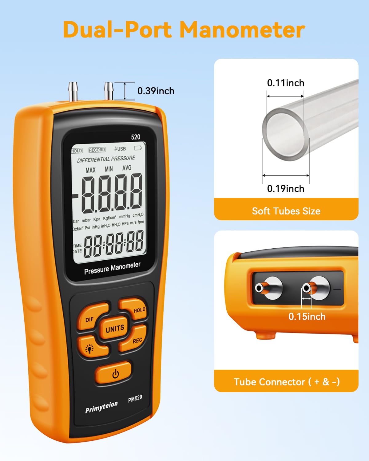 Manometro digitale tester di pressione del gas, misuratore di pressione dell'aria a doppia porta per HVAC, condotti del forno, valvola del gas riscaldatore, forno a gas, caldaie, pompa d'aria, perdite