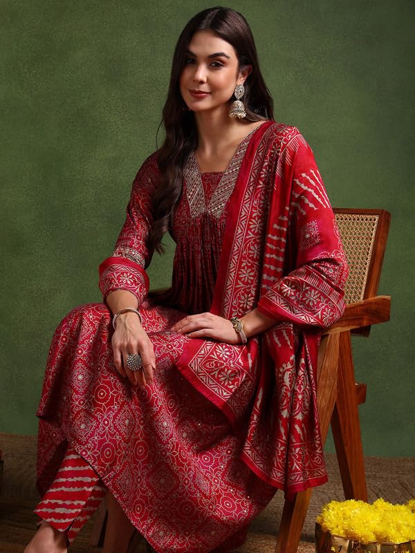 Image of Vaamsi Women's Silk Blend Ethnic Motifs Printed Anarkali Kurta Pant With Dupatta