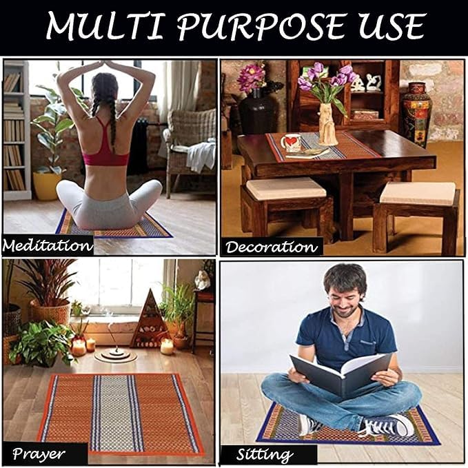 Image of CRAFT OF INDIA Handmade Korai Pai Kusha Grass Pooja Aasan Sitting Floor Mats (Black, 1.5X1.5 ft (2pcs Combo))
