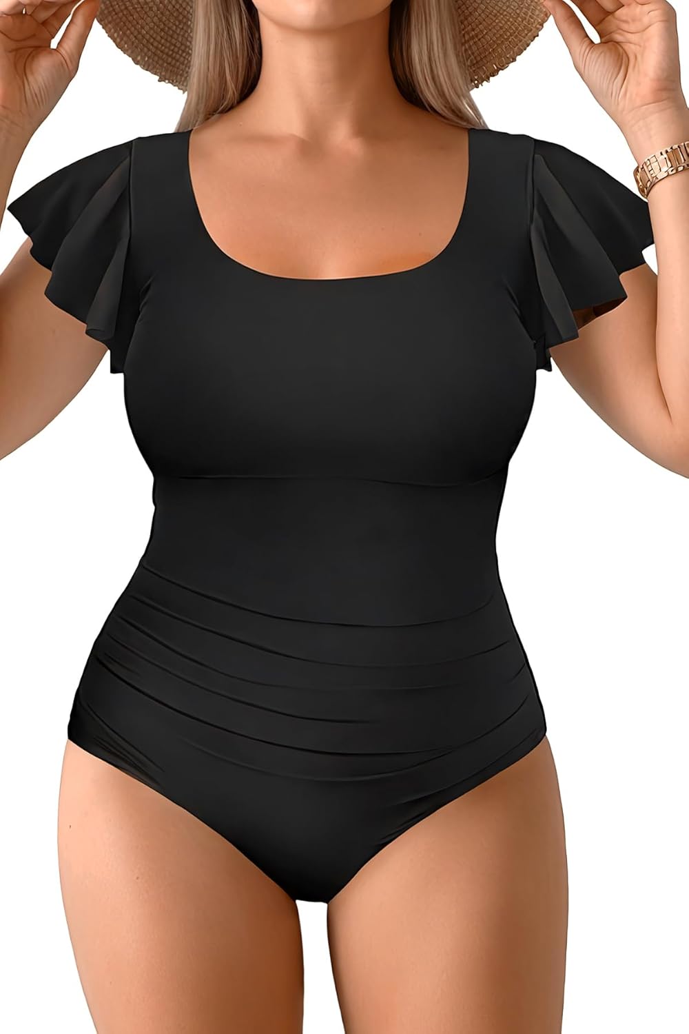 Plus Size One Piece Swimsuit - Women Tummy Control Bathing Suit Ruffle Vintage Swimwear with Sleeves