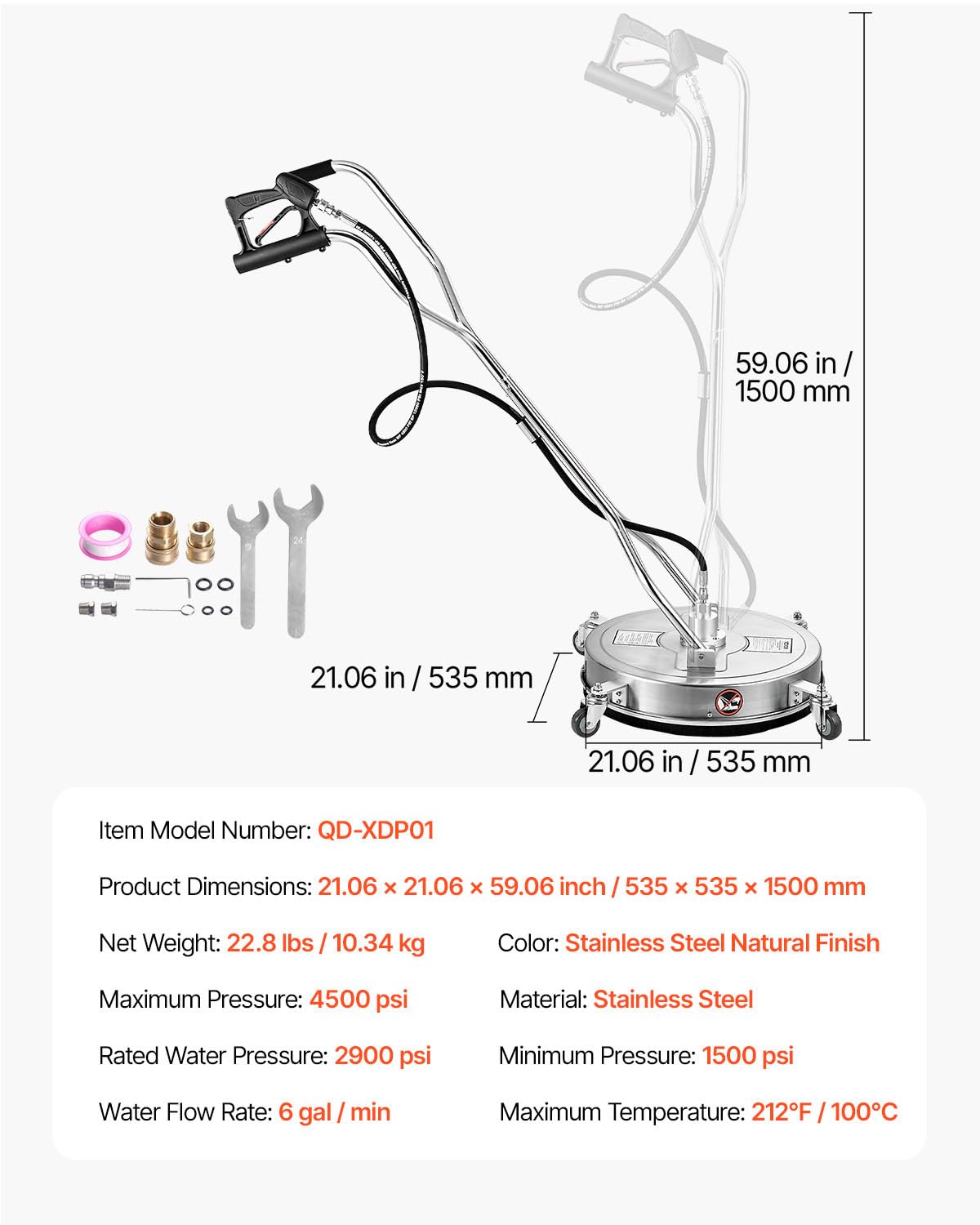 VEVOR Limpiador de Superficies con Hidrolavadora, Acero Inoxidable, 4 Ruedas, de Forma Redondo, 27,58 Mpa máx., 2 Boquillas Rociadoras, Mango Doble, para Concreto, Acera, 535 x 535 x 1500 mm