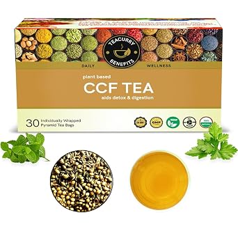 TEACURRY CCF Tea 30 كيس شاي، حزمة شهر واحد - الكمون الايورفيدا، الكزبرة، شاي الشمر للهضم، التخلص من السموم - غير المعدلة وراثيا، خالية من الكافيين، جميع الطبيعية - شاي الأعشاب الهندي