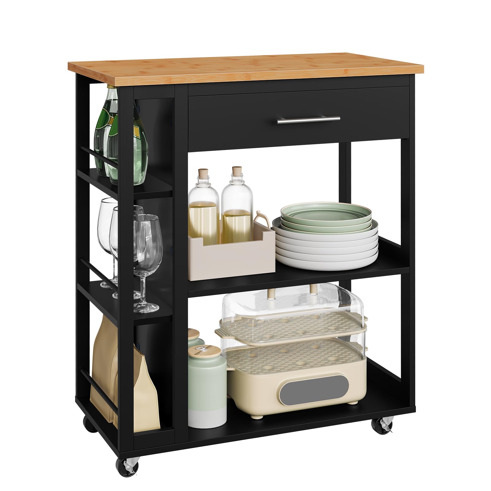 WOLTU Desserte à roulettes, Îlot de Cuisine, Chariot de Rangement avec Plan de Travail, Tiroir et Étagères Ouvertes, pour Salle à Manger/Salle de Bain, 73x38x88cm, Effet de Bambou + Noir, RW051sz