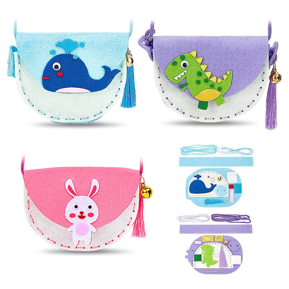 3 Sets Creative Sewing Kit for Kids DIY Art Craft Hand Stitch Play Set,DIY Animal Theme Handmade Felt bags,with Safety Needle Felt Craft Kits for Children,Kids Toys Preschool Girl Toys