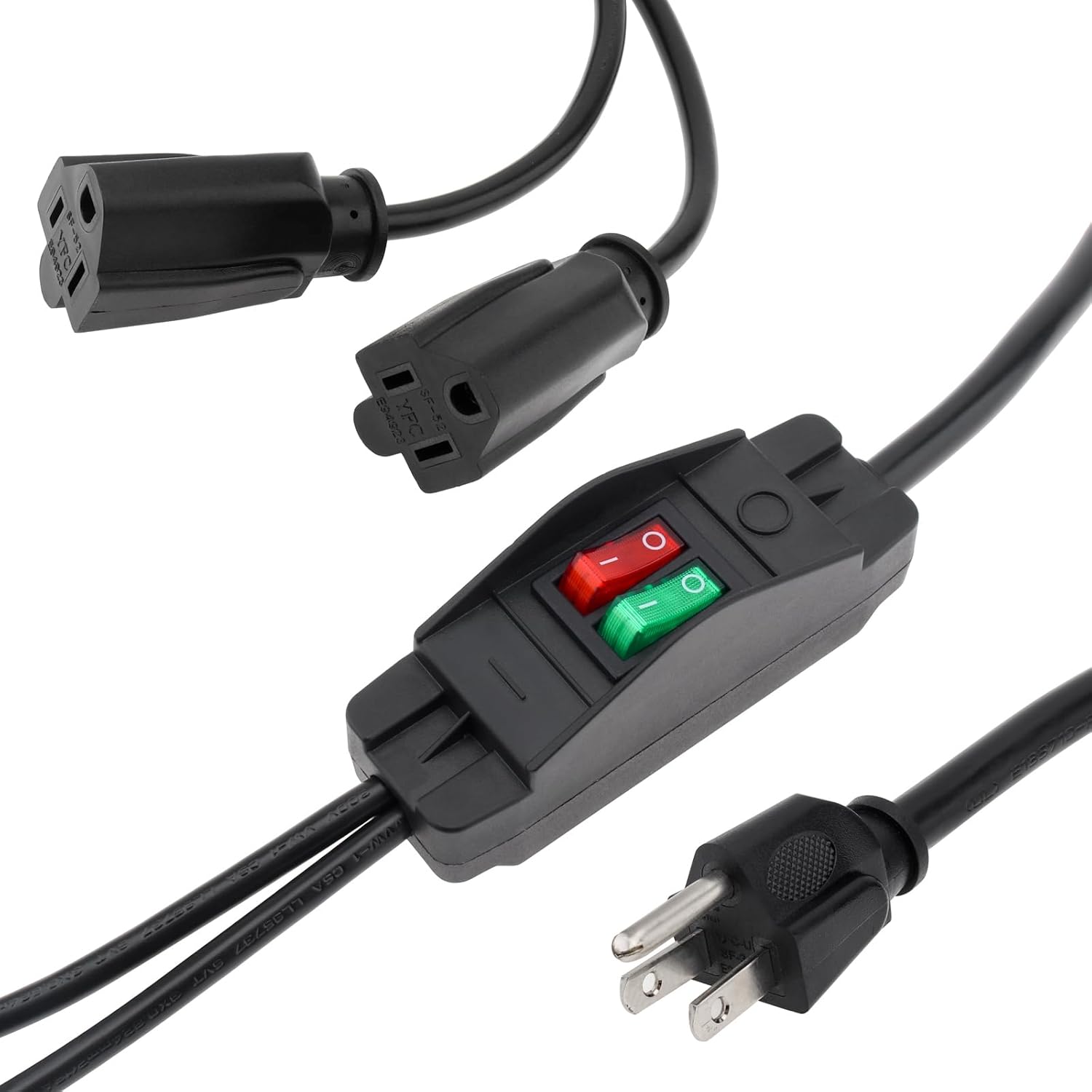 RTNLIT 2 Way Power Extension Cord with On Off Switch, 1.8 Ft 3 Prong Outlet Y Splitter, 2 NEMA 5-15R to 1 NEMA 5-15P Cable with SJT 14AWG 15A/125V and 18AWG 10A/125V Sub Line for Indoor Outdoor