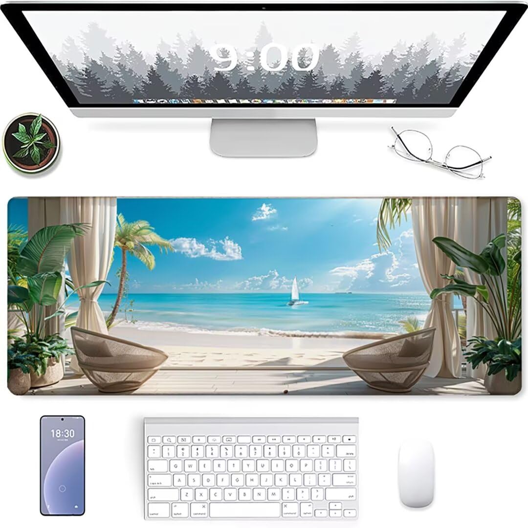 Excel Shortcut-Tasten-Mauspad - erweitertes großes 1200 x 600mm XL-Spickzettel-Gaming-Mauspad | PC-Büro-Tabellenkalkulation-Tastaturmatte | rutschfeste genähte Kante Strand Segelboot