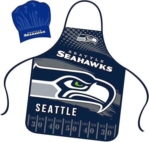 Mojo Licensing Seattle Seahawks Delantal Sombrero de Chef Conjunto a todo Color Tamaño Universal Tie Back Grilling Tailgate BBQ Cooking Host, Color