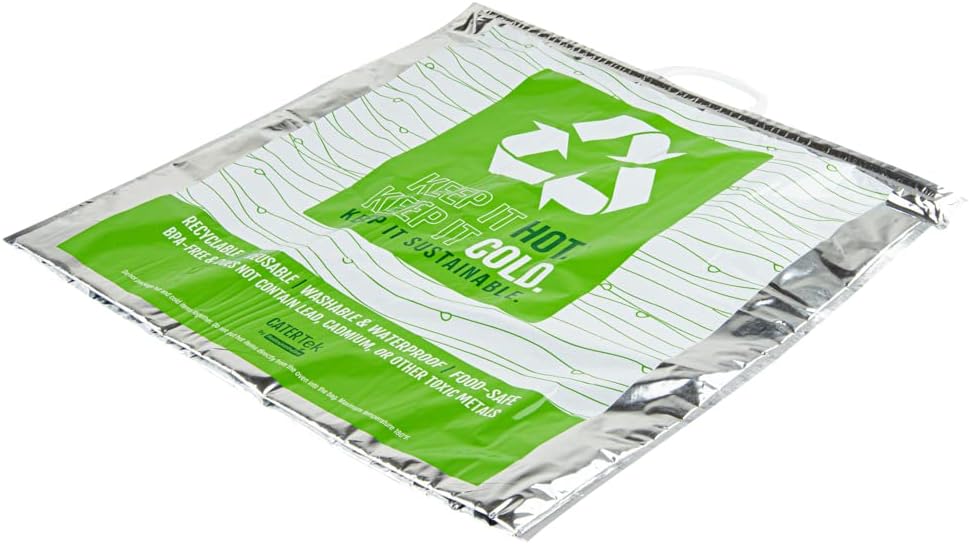 Restaurantware Cater Tek 20.1 x 7.1 x 20.1 Inch Hot And Cold Bag 1 Triple Layer Insulated Bag - Snap Lock Handles Waterproof Green & Silver Plastic Thermal Lunch Bag For Frozen & Hot Items