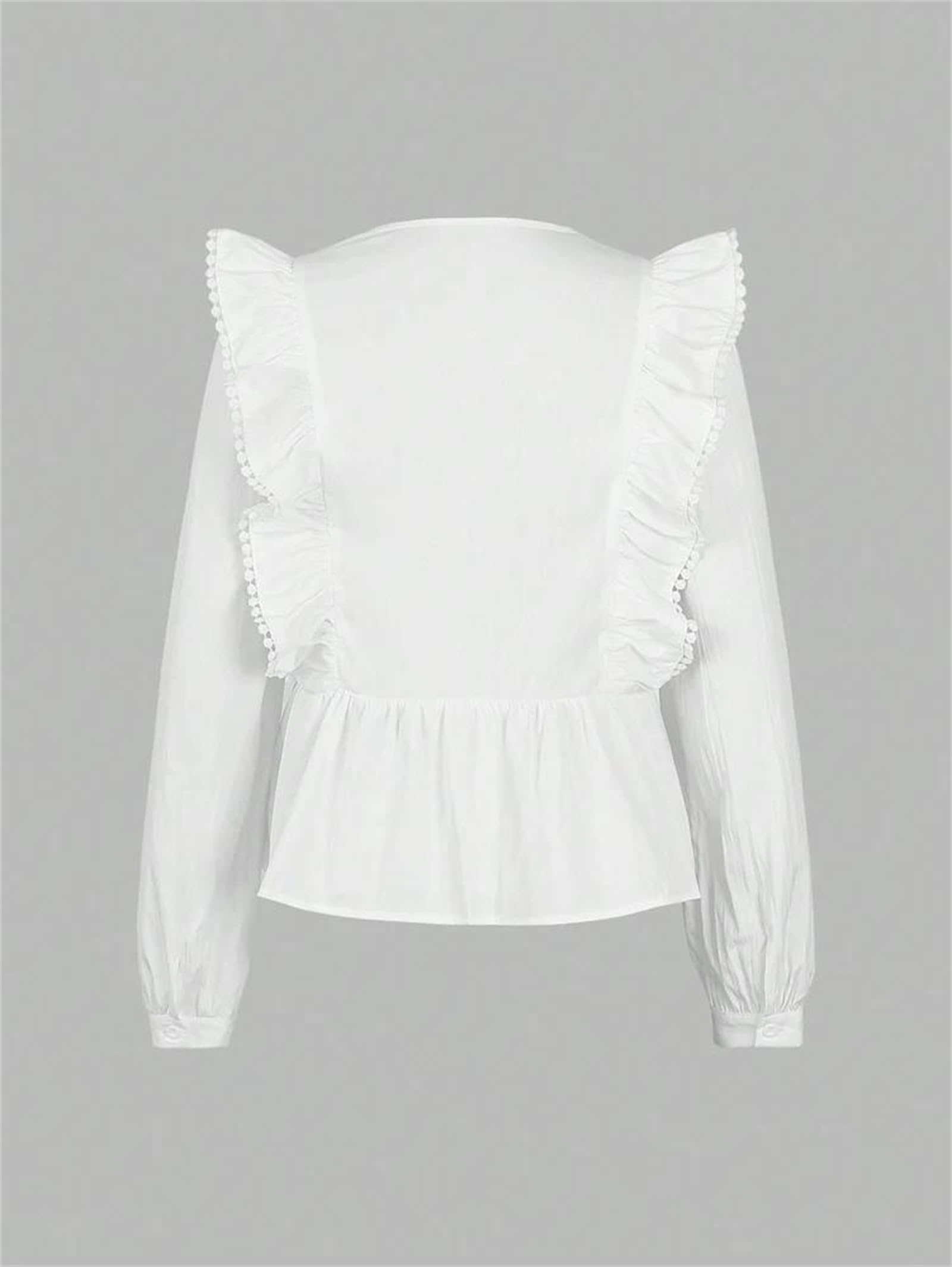 Genérico Blusa de Gasa con Cuello en V y Volantes de Manga Larga con Encaje y Patchwork para Mujer, Elegante Blusa de Oficina (Color Burdeos Mediano)