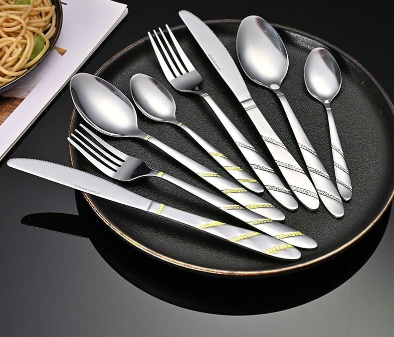 ONUIFIKE Silverware Set, 4/16/24/32/40/48 Pieces Stainless Steel Knife And Fork Spoon Embossed Retro Spoon Fork Steak Knife And Fork Set Tableware, Home Cutlery Flatware Set(Gold,48 Piece set for 12)