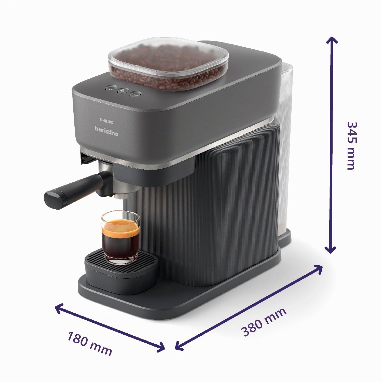 PHILIPS Baristina Espressomaschine und Milchaufschäumer Paket – Automatisches Mahlen, Tampen & Brühen, 16 Bar, Kaffeemaschine mit Mahlwerk & Siebträger, leichte Reinigung, Schwarzgrau (BAR303/60)