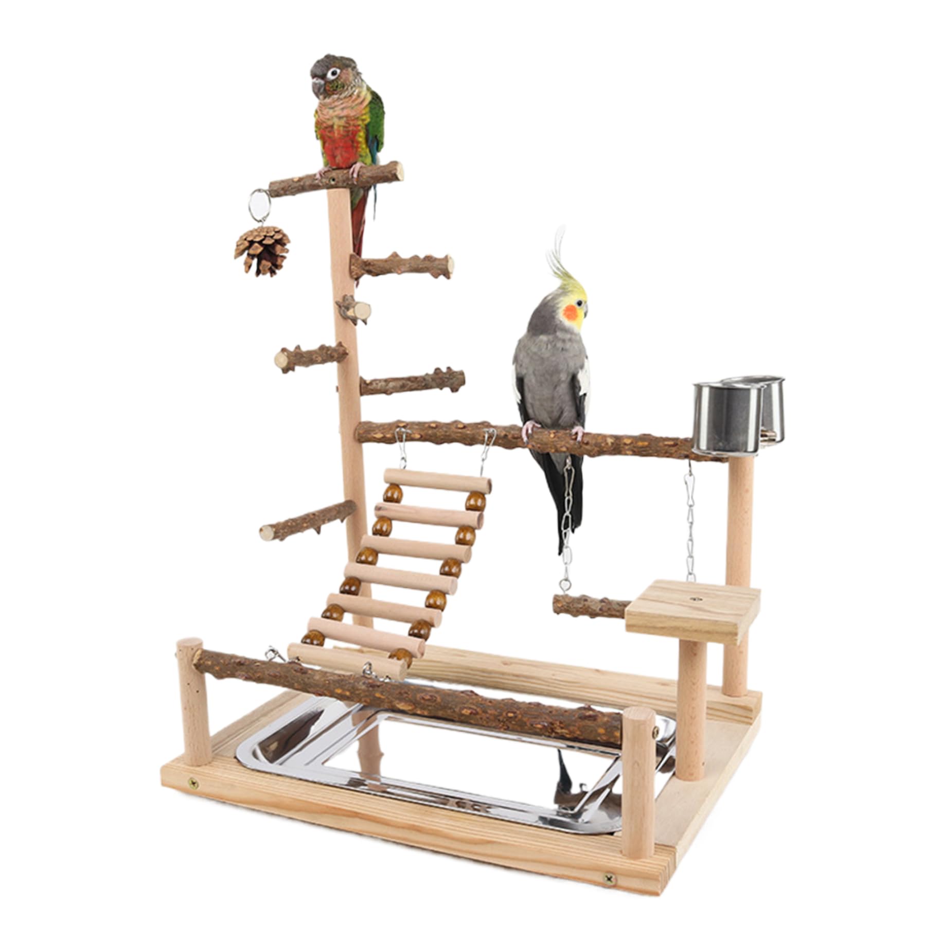 Support de perroquet en bois naturel pour aire de jeux pour oiseaux, avec tasse d'alimentation, support de perche pour oiseaux, jouets pour perruches, perche polyvalente 14.6*10.2*17.7 pouces