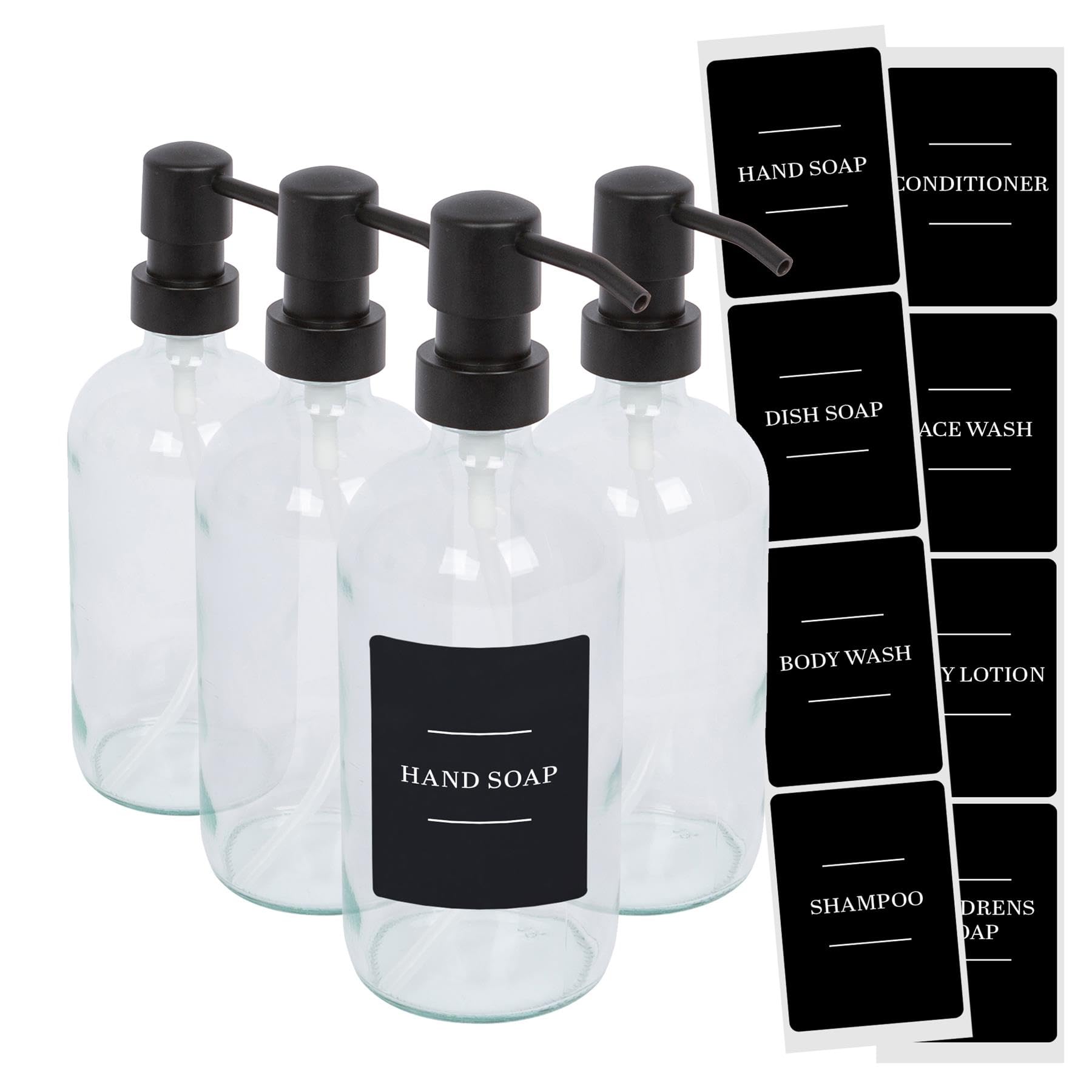 Harbour Housewares Glass Soap Dispensers with Labels Pack of 4-500ml Clear Refillable Bottles with Pumps and Black Labels - Bathroom and Kitchen Accessories for Hand Wash, Lotion or Sanitiser