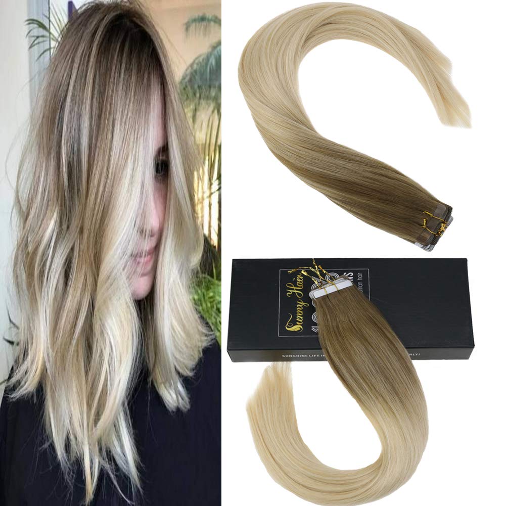 Sunny Ombre Tape in Hair Extensions Human Hair #8A/60 Light Brown Ombre Platinum Blonde Hair Extensions Tape in Silky Straight Hair Extensions for Women 20 Inch 20 pcs 50g