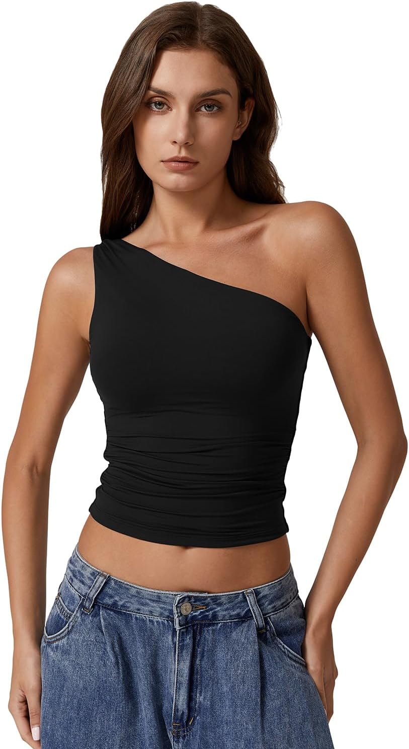 QINSEN Women's One Shoulder Tank Tops Double Lined Sleeveless Slim Fit Cropped Tee Shirt Y2k Tops - Image 4