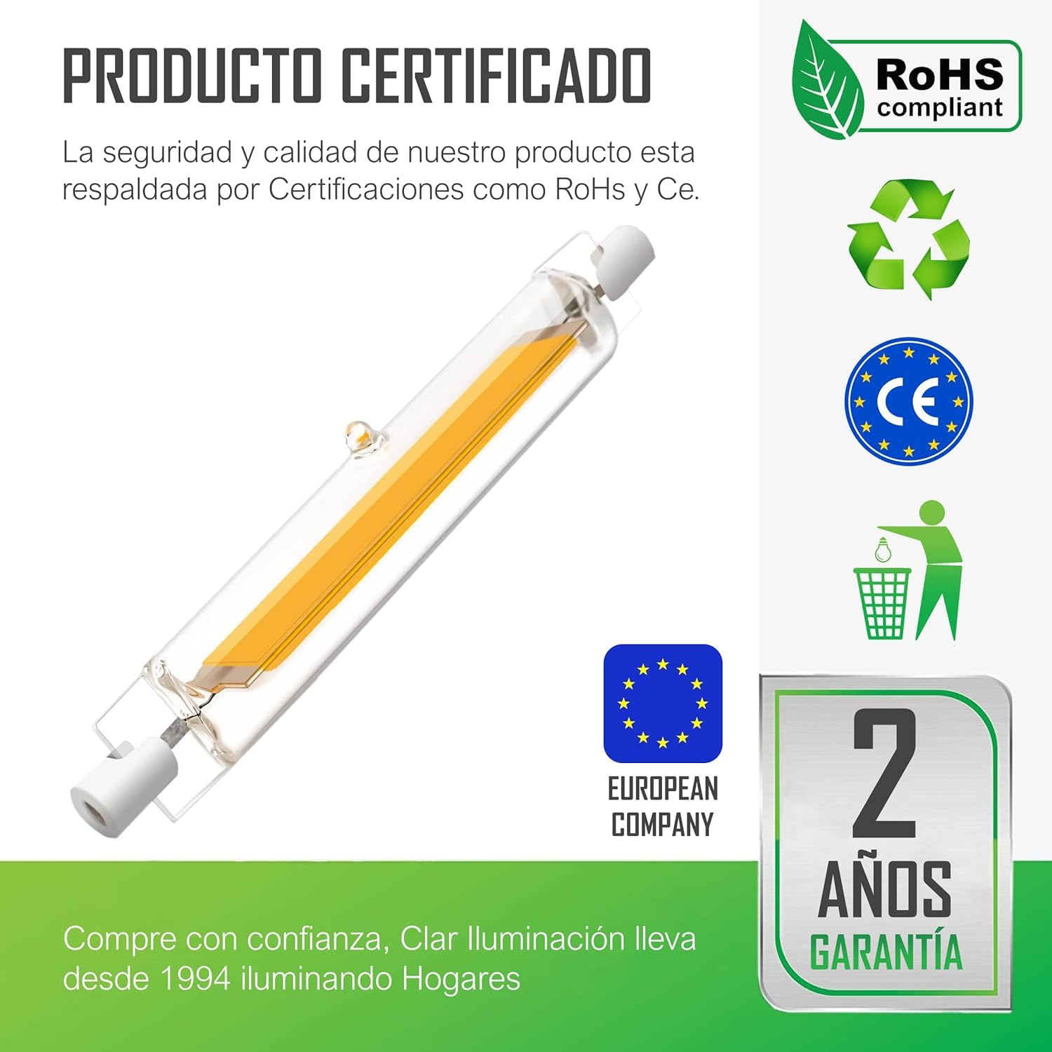 CLAR - R7S LED 118mm, Lampara Lineal LED, Bombilla LED Alargada, 13W 3000ºK (Pack 50)