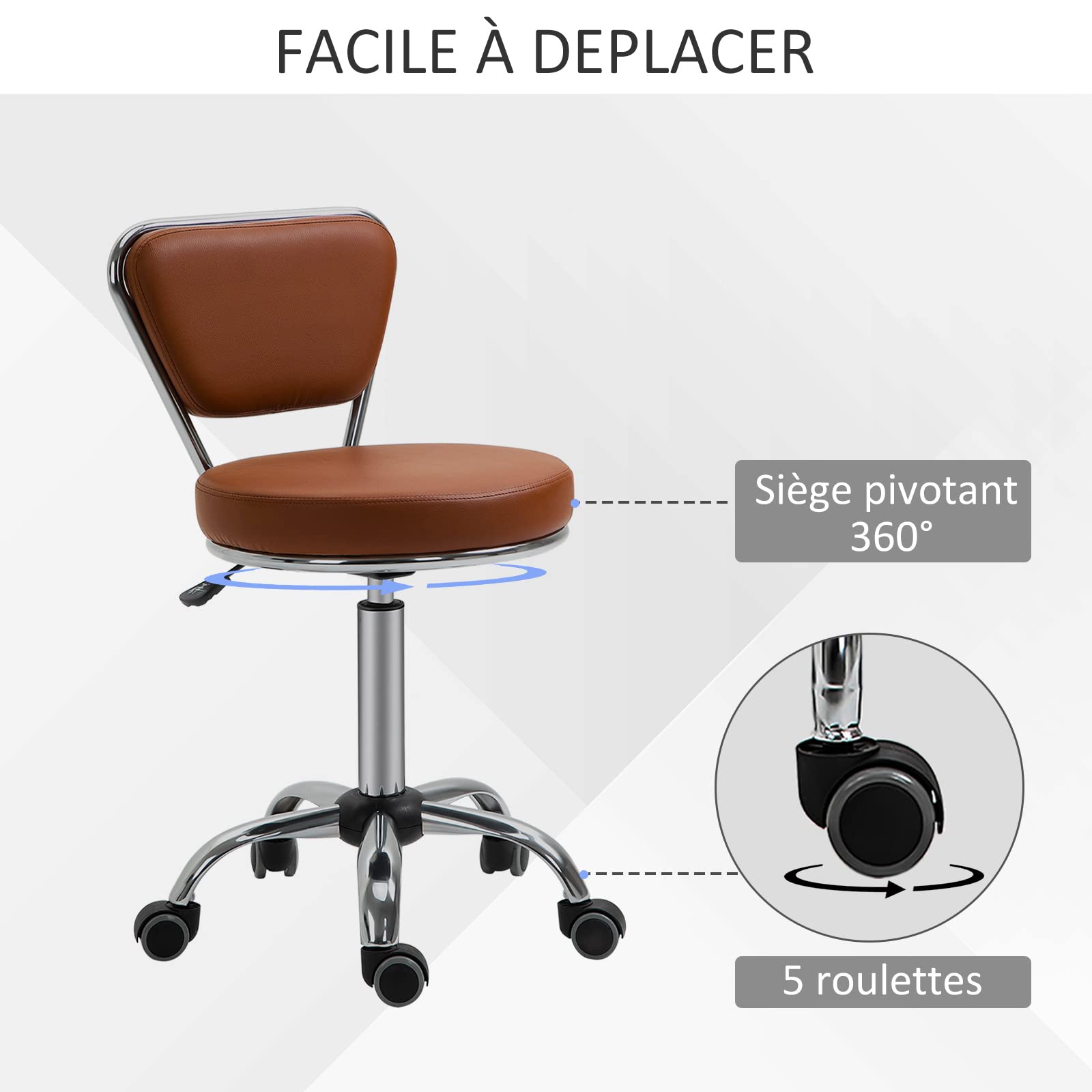 HOMCOM Tabouret de Massage Vintage - Tabouret de Travail pivotant 360° - Hauteur Assise réglable 49-64 cm - revêtement synthétique Marron métal chromé